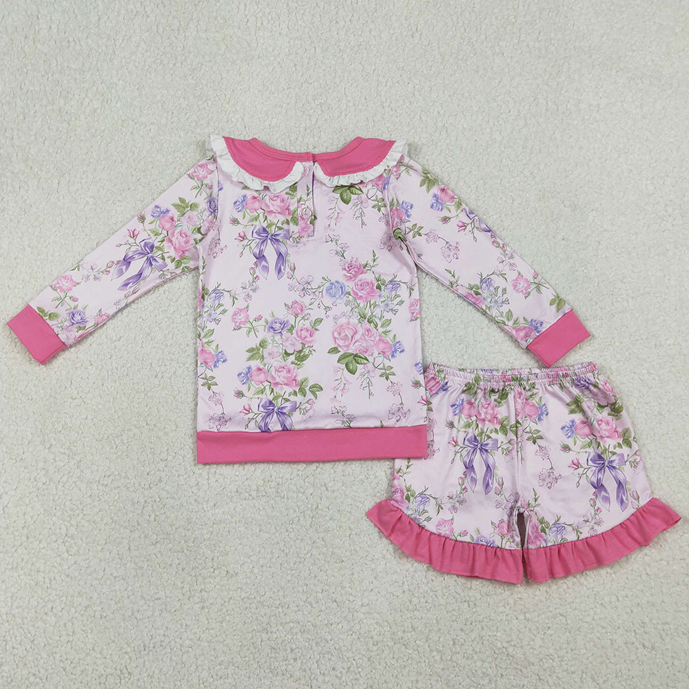 Baby Girls Clothes Pink Flowers Collar Top Ruffle Shorts Clothes Sets GLS0082