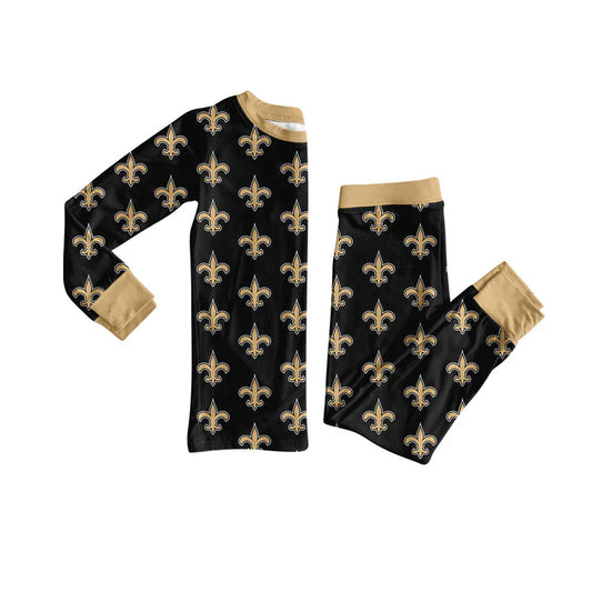 Preorder (moq 5)Baby Girls Black Long Sleeves Team Trident Plaid Top Pants Pajamas Set 7.12