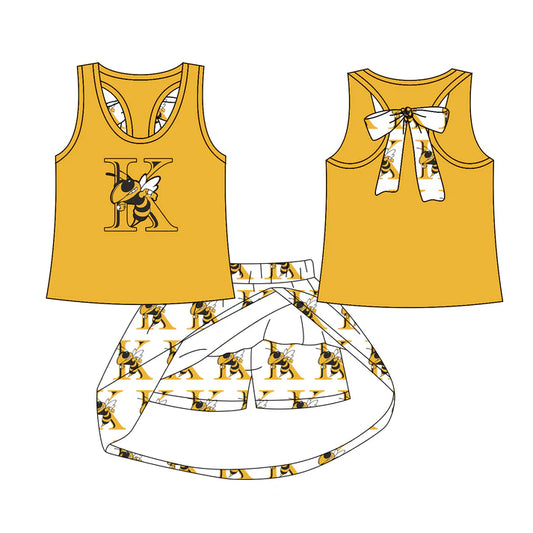Preorder (moq 5)Baby Girls K Honey Bee bow vest team Top Skirt Skort Sets 7.21