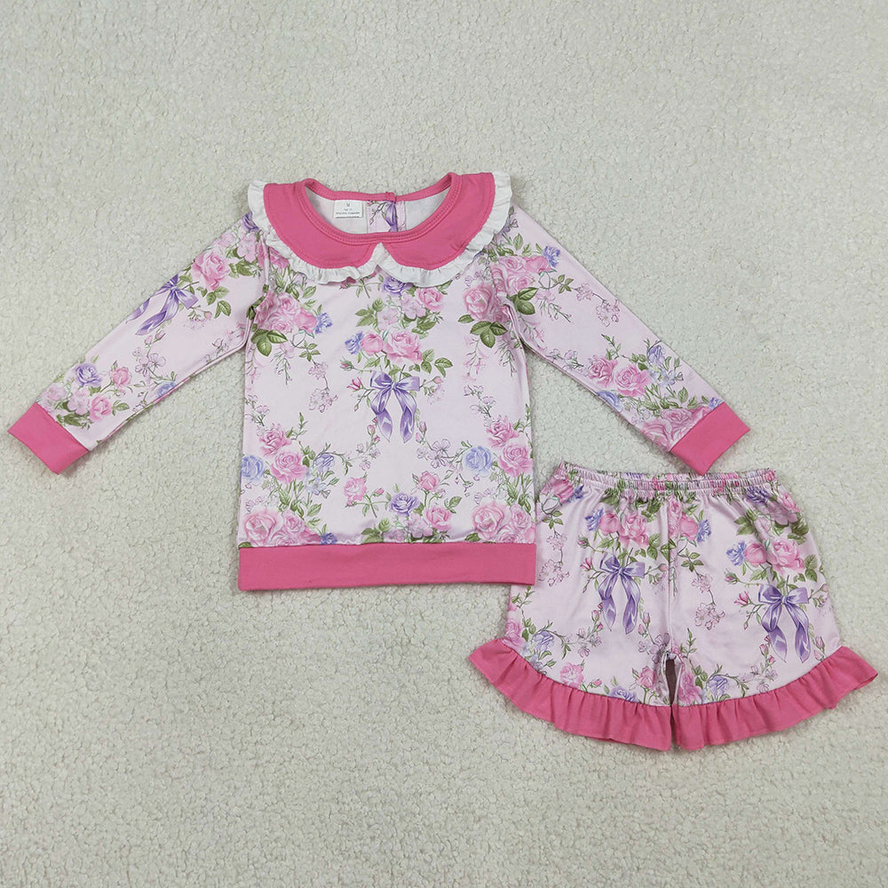 Baby Girls Clothes Pink Flowers Collar Top Ruffle Shorts Clothes Sets GLS0082