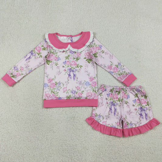 Baby Girls Clothes Pink Flowers Collar Top Ruffle Shorts Clothes Sets GLS0082