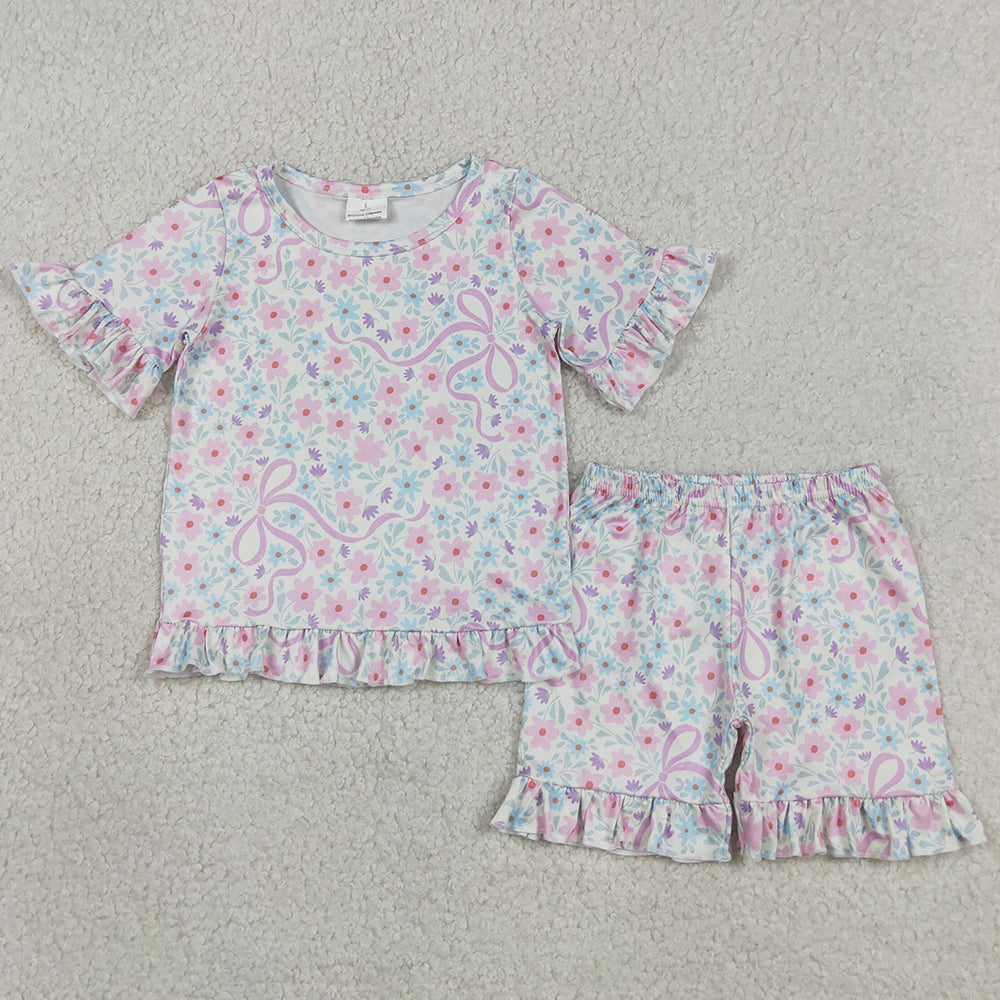 Baby Girls Clothes Colorful Flowers Bows Top Ruffle Shorts Pajamas Clothes Sets GSSO3322