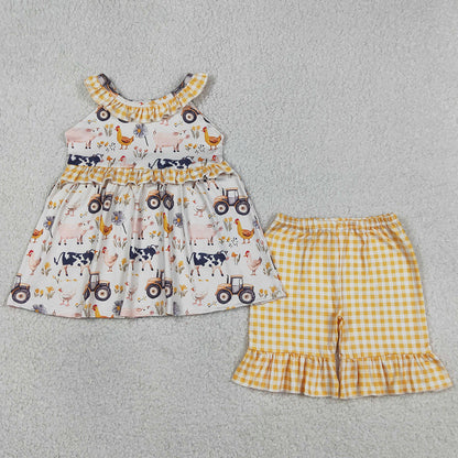 Baby Girls Clothes Sleeveless Cows Trucks Tunic Ruffle Shorts Farm Clothes Sets GSSO3071