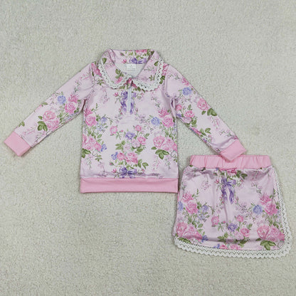 Baby Girls Clothes Flowers Zipper Collar Top Ruffle Skirt Shorts Clothes Sets GLD1572