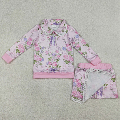 Baby Girls Clothes Flowers Zipper Collar Top Ruffle Skirt Shorts Clothes Sets GLD1572