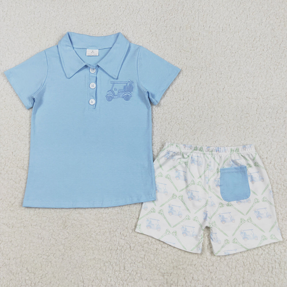 Embroidery Baby Boys Clothes Blue Short Sleeves Button Golf Top Pocket Shorts Sets BSSO1494 5.1