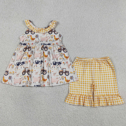 Baby Girls Clothes Sleeveless Cows Trucks Tunic Ruffle Shorts Farm Clothes Sets GSSO3071