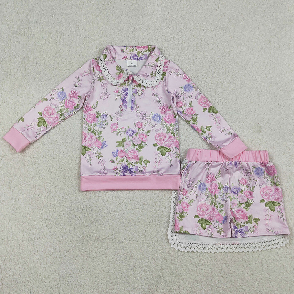 Baby Girls Clothes Flowers Zipper Collar Top Ruffle Skirt Shorts Clothes Sets GLD1572
