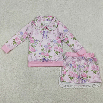 Baby Girls Clothes Flowers Zipper Collar Top Ruffle Skirt Shorts Clothes Sets GLD1572