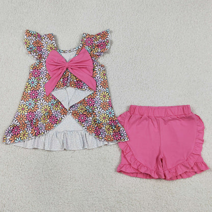 Baby Girls Clothes Colorful Daisy Flowers Back Bow Tunic Ruffle Shorts Clothes Sets GSSO3353