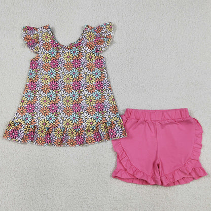 Baby Girls Clothes Colorful Daisy Flowers Back Bow Tunic Ruffle Shorts Clothes Sets GSSO3353