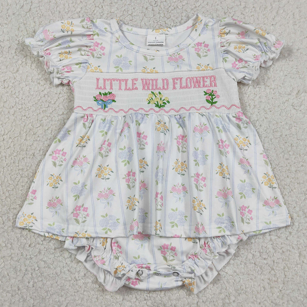 Baby Girls Rompers Smocked Little Wild Flower Tunic Ruffle Bummies Rompers SR3043