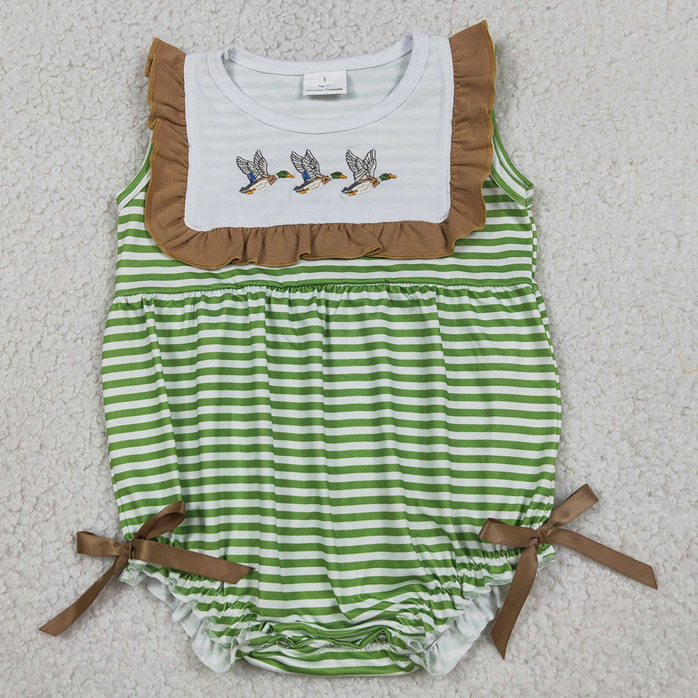 Baby Girls Rompers Embroidery Ducks Sleeveless Green Stripe Ruffle Rompers SR4084