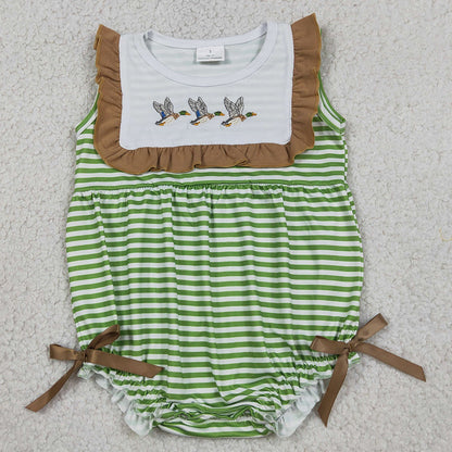 Baby Girls Rompers Embroidery Ducks Sleeveless Green Stripe Ruffle Rompers SR4084