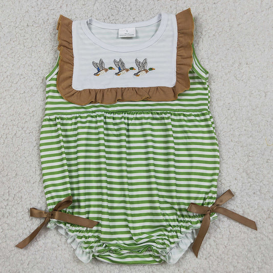 Baby Girls Rompers Embroidery Ducks Sleeveless Green Stripe Ruffle Rompers SR4084