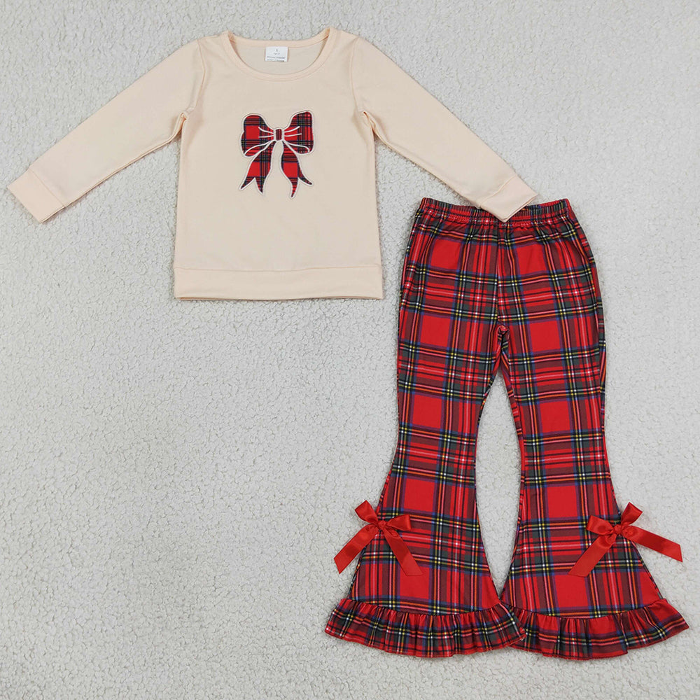 Baby Girls Clothes Embroidery Checked Bow Ruffle Bell Bottom Pant Christmas Clothes Sets GLP3547