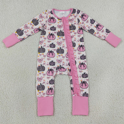 Baby Girls Rompers Pink Bows Leopard Pumpkins Fall Ruffle Zip Rompers LR3061