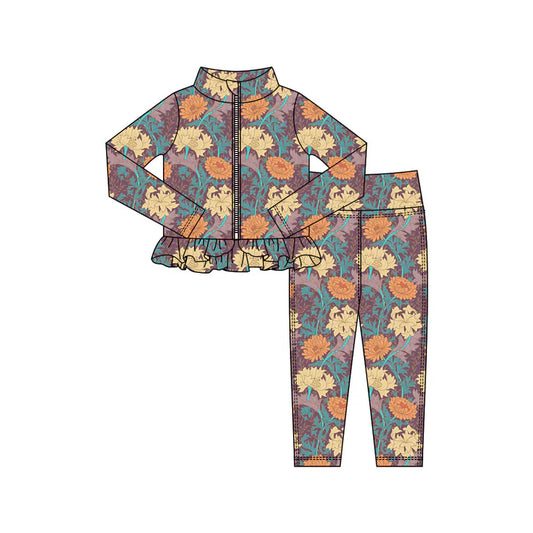 Preorder(moq 5) Baby Girls Flowers Plaid Zipper Jacket Leggings Clothes Sets 10.31