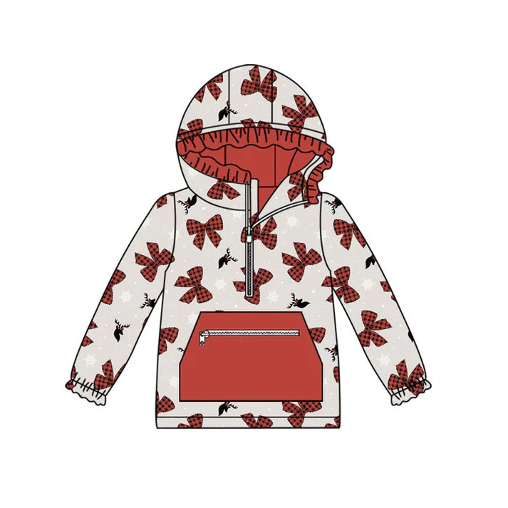 Preorder(moq 5)Baby Girls Red Bows Deer Snowflake Christmas Pockets Zipper Hoodie Tops 8.29