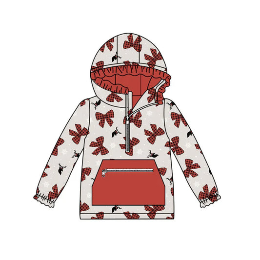 Preorder(moq 5)Baby Girls Red Bows Deer Snowflake Christmas Pockets Zipper Hoodie Tops 8.29