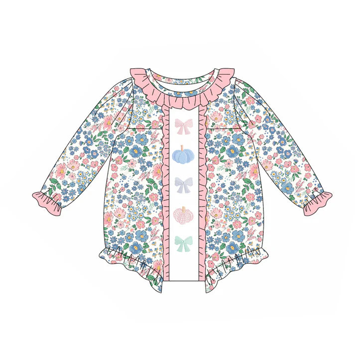 Preorder (moq 5)Baby Girls Long Ruffle Sleeves Blue Floral Pumpkins Bows Rompers 5.23