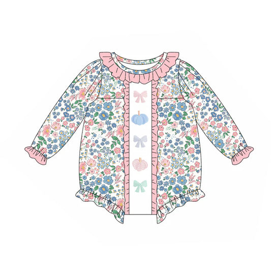 Preorder (moq 5)Baby Girls Long Ruffle Sleeves Blue Floral Pumpkins Bows Rompers 5.23