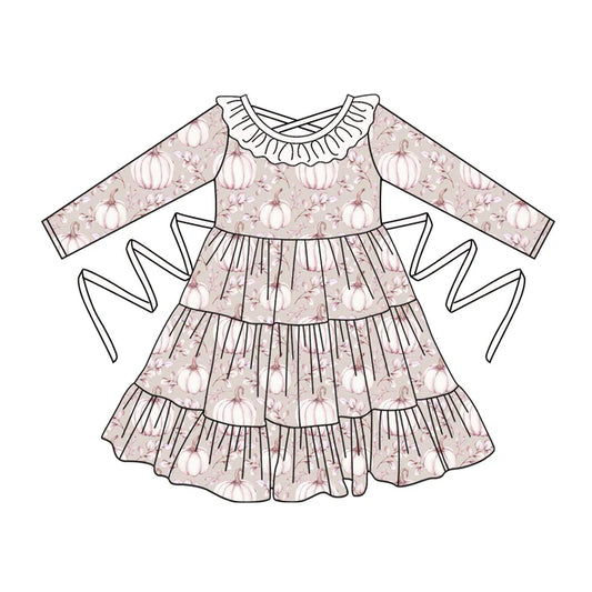 Preorder moq 5 Baby Girls Creamy White Long Sleeves Leaves Pumpkins With Belt Ruffle Knee Length Dresses 5.2