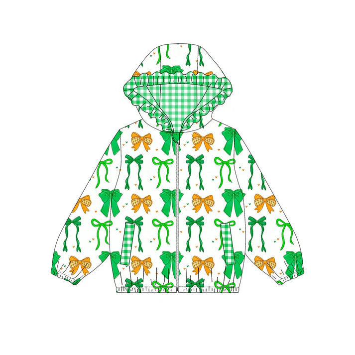 Preorder (moq 8)Baby Girls Green Orange Bows Hearts Pocket Zipper St Patrick Ruffle Hoodies Jackets Top 9.23