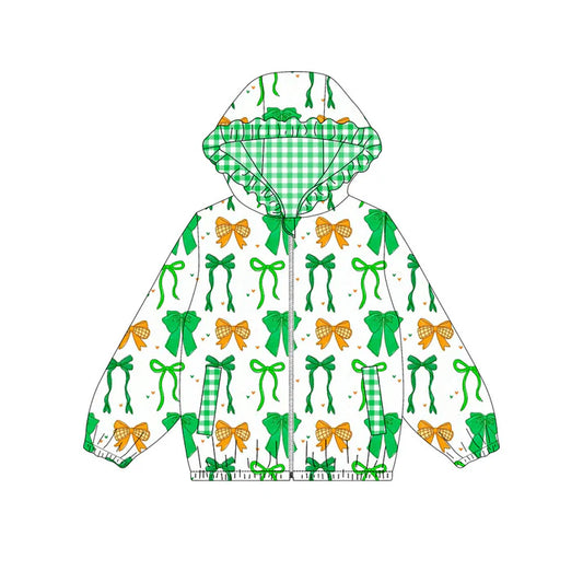 Preorder (moq 8)Baby Girls Green Orange Bows Hearts Pocket Zipper St Patrick Ruffle Hoodies Jackets Top 9.23