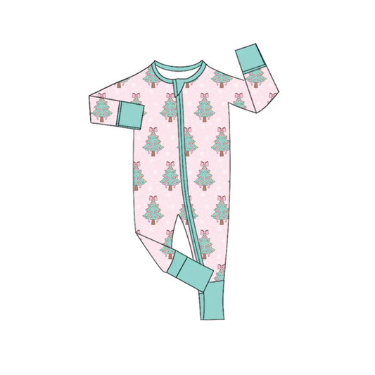 Preorder moq 5 Baby Infant Girls Long Sleeves Pink Christmas Trees Plaid Zipper Romper 7.15