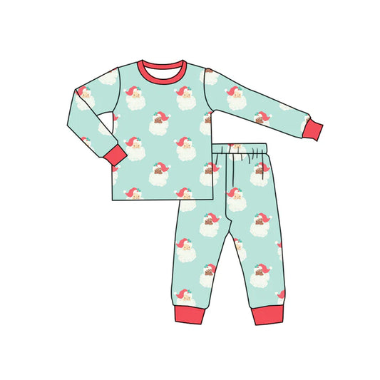 Preorder (moq 5)Baby Boys Sky Blue Long Sleeves Santa Plaid Top Pant Pajamas Sets 6.11