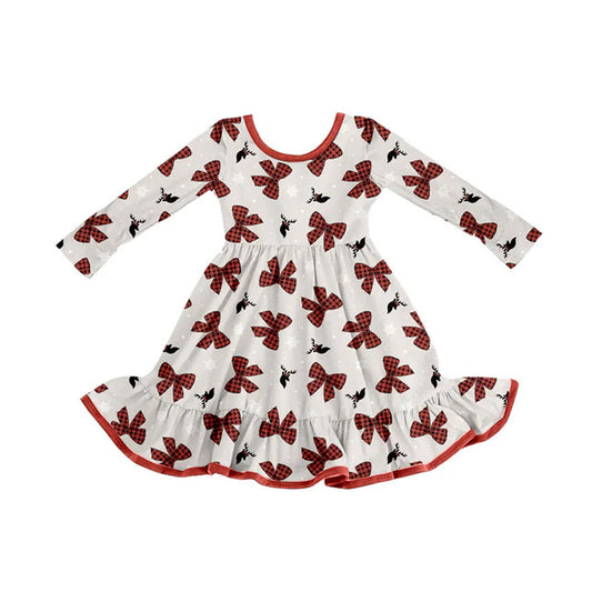 Preorder (moq 5)Baby Girls Red Bows Deer Snowflake Christmas Ruffle Knee Length Dress 8.29