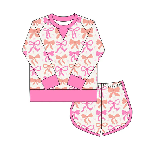 Preorder(moq 8)Baby Girls Orange Pink Bows Stars Long Sleeve Top Shorts Clothes Set 9.29