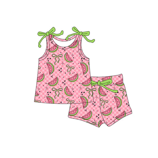 Preorder moq 5 Baby Girls Bows Sleeveless Watermelons Top Short Set 4.16