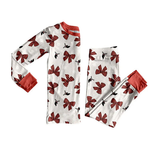 Preorder (moq 5)Baby Girls Red Bows Deer Snowflake Top Pants Christmas Pajamas Sets 8.29