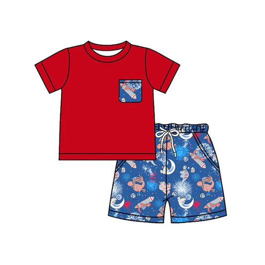 Preorder moq 5 Baby Boys Red Short Sleeves Pocket Top Blue Dinosaurs Flags Short 4th Of July Set 4.23