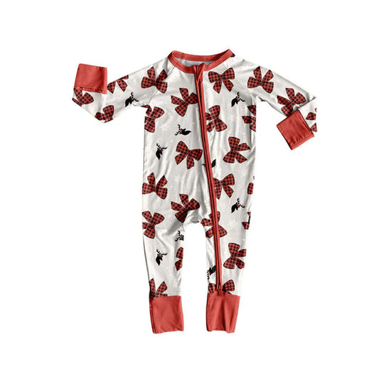Preorder(moq 5)Baby Girls Red Bows Deer Snowflake Christmas Zipper Footie Rompers 8.29
