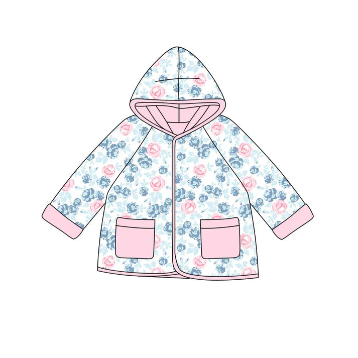 Preorder(moq 5) Baby Girls Pink Blue Flowers Pockets Zipper Hoodies Jacket Top 10.9