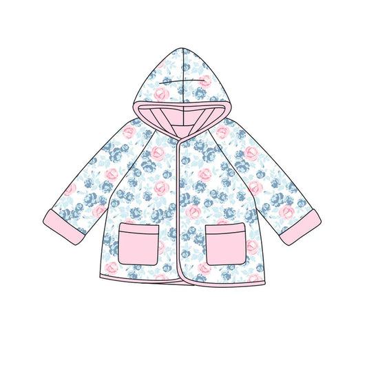 Preorder(moq 5) Baby Girls Pink Blue Flowers Pockets Zipper Hoodies Jacket Top 10.9