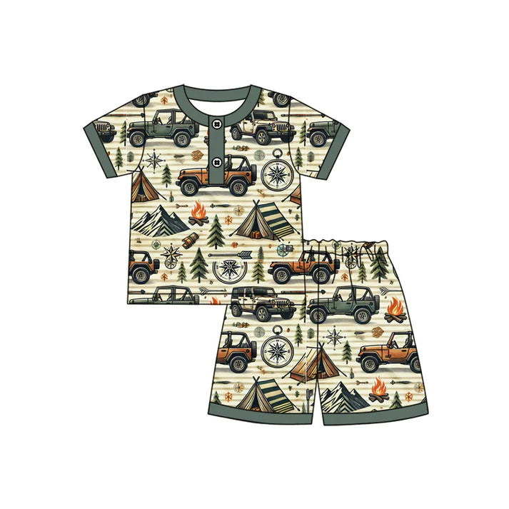 Preorder moq 5 Baby Boys Green Short Sleeves Camping Tent Button Top Short Pajamas Set 4.12