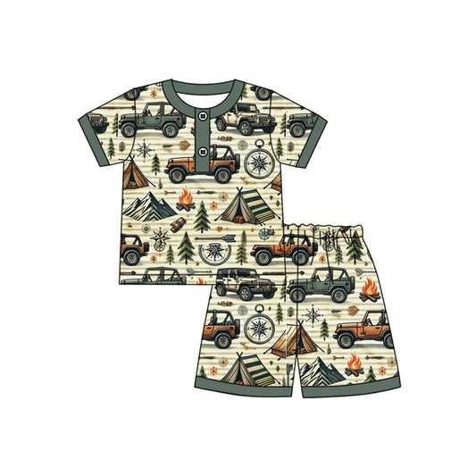 Preorder moq 5 Baby Boys Green Short Sleeves Camping Tent Button Top Short Pajamas Set 4.12