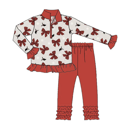 Preorder (moq 5)Baby Girls Red Bows Deer Zipper Pullovers Ruffle Leggings Christmas Set 8.29