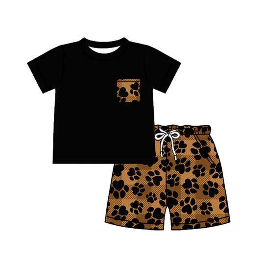 Preorder moq 5 Baby Boys Black Short Sleeves Pocket Top Pawl Plaid Short Set 4.12