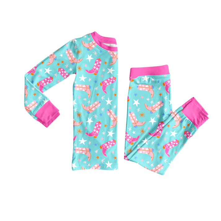 Preorder (moq 5)Baby Girls Flowers Boots Stars Top Pant Pajamas Set 8.4