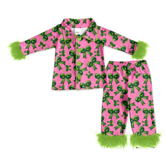 Preorder(moq 5) Baby Girls Fur Long Sleeves Green Bows Plaid Button Hoodies Top Pants Set 7.24