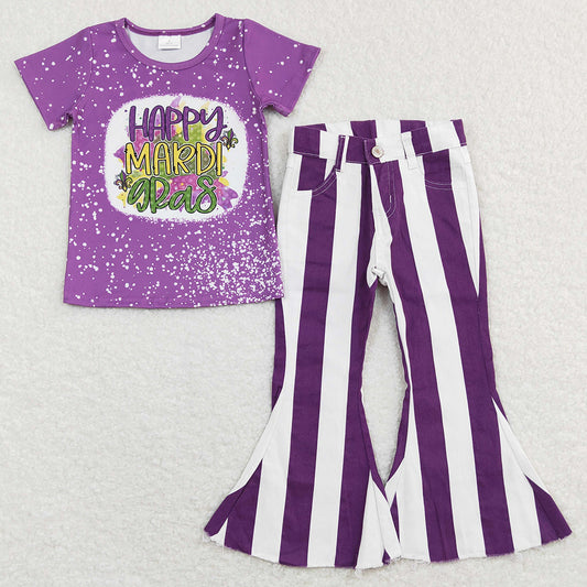 Baby Girls Clothes Mardi Gras Purple Tee Shirts Stripes Bell Pants Sets GSPO1123