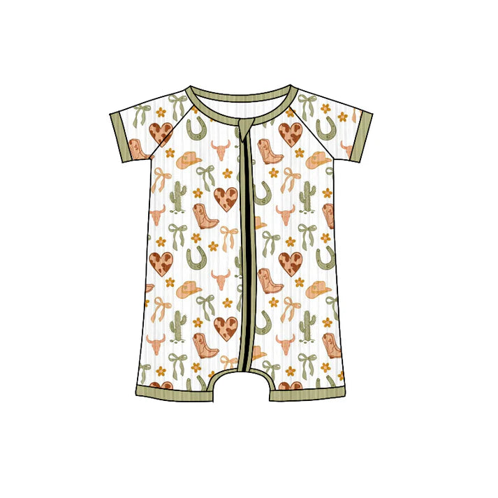Preorder (moq 5)Baby Boys Short Sleeves Aqua Bull Skull Bows Plaid Zipper Shorts Rompers 6.4
