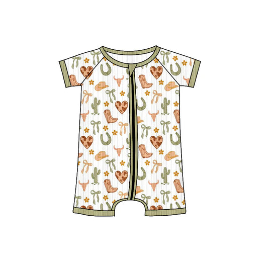 Preorder (moq 5)Baby Boys Short Sleeves Aqua Bull Skull Bows Plaid Zipper Shorts Rompers 6.4
