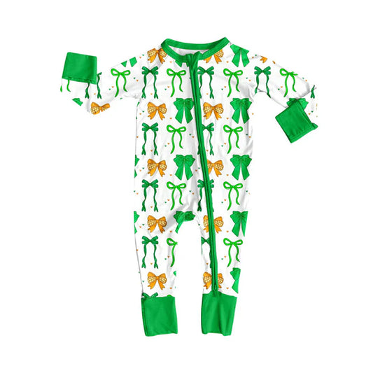 Preorder (moq 8)Baby Girls Green Orange Bows Hearts St Patrick Zipper Footie Rompers 9.23
