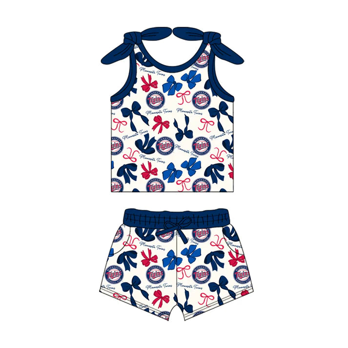 Preorder MOQ 5 pcs sleeveless T blue bow top shorts girls team clothes 8.23